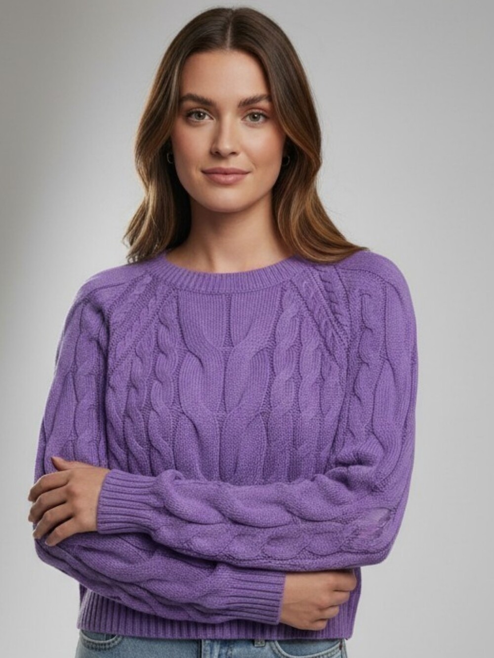 LOFT Purple Cable-Knit Crewneck Sweater